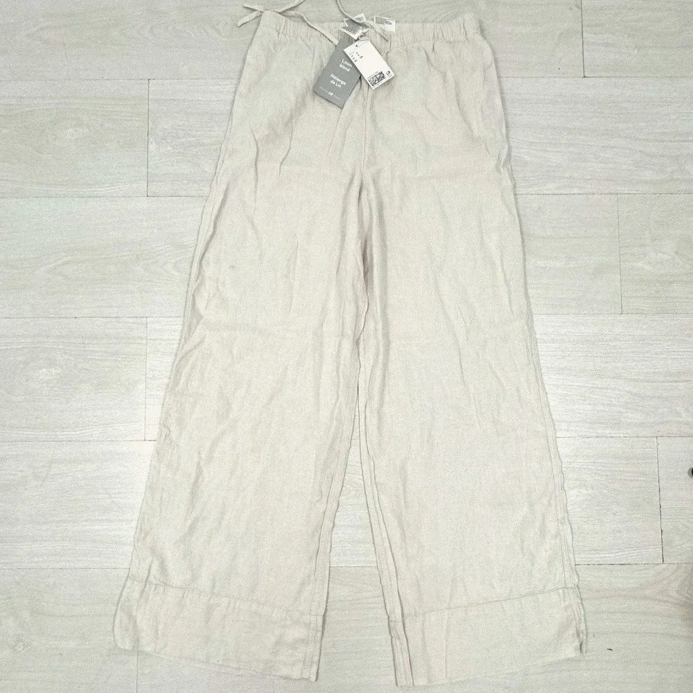 H&M Linen Blend Pants Women Small Beige Tan Wide Leg Drawstring Relaxed Trousers